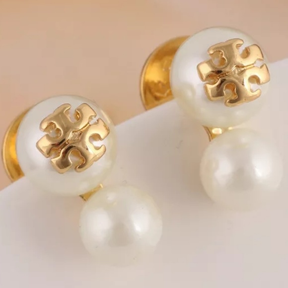 Tory Burch "Evie" Gold Double Drop Pearl Earrings - Picture 2 of 5